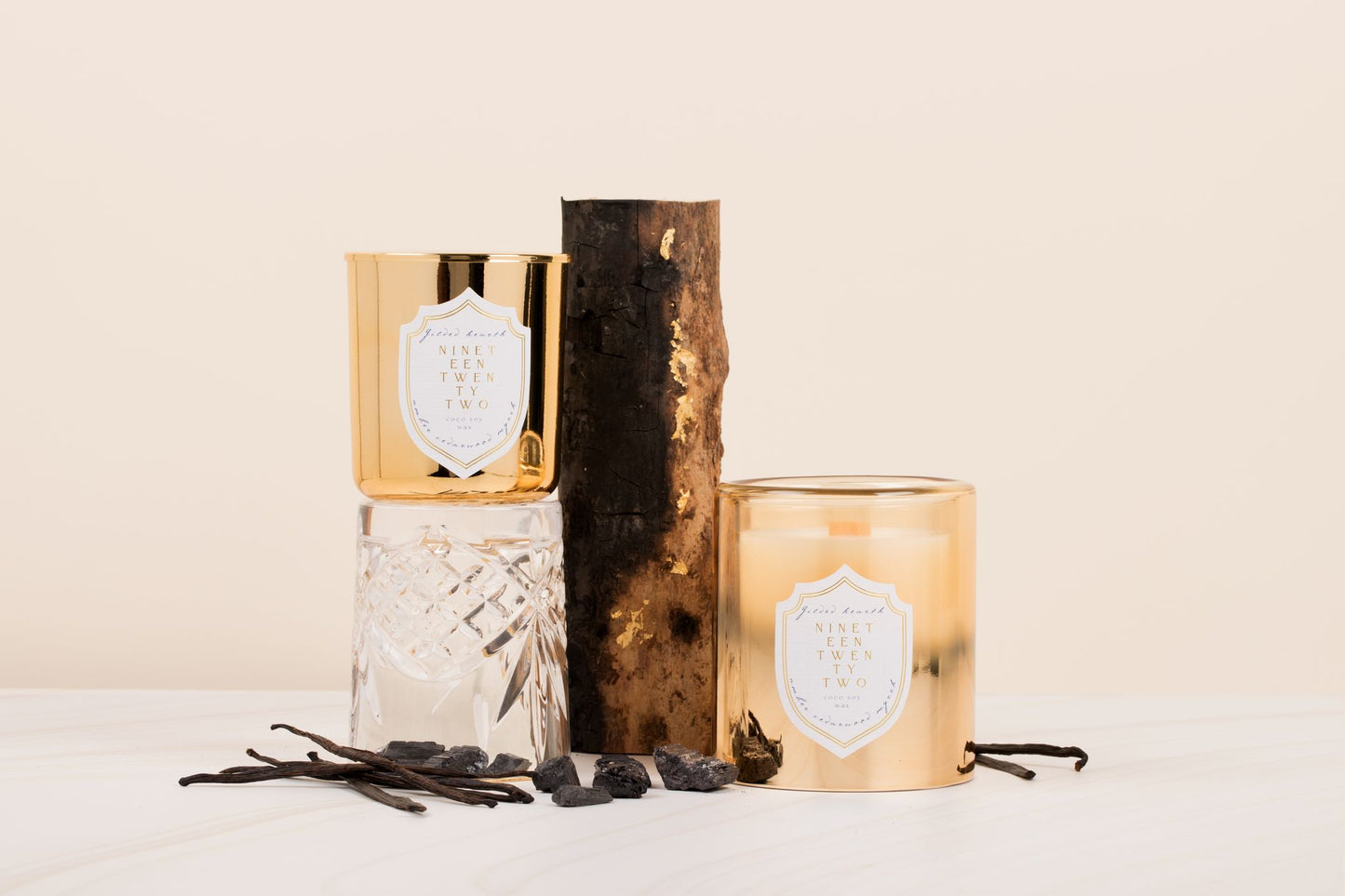 'Gilded Hearth' - Warm, Woody, Vanilla - Wood Wick Candle in Gold Jar