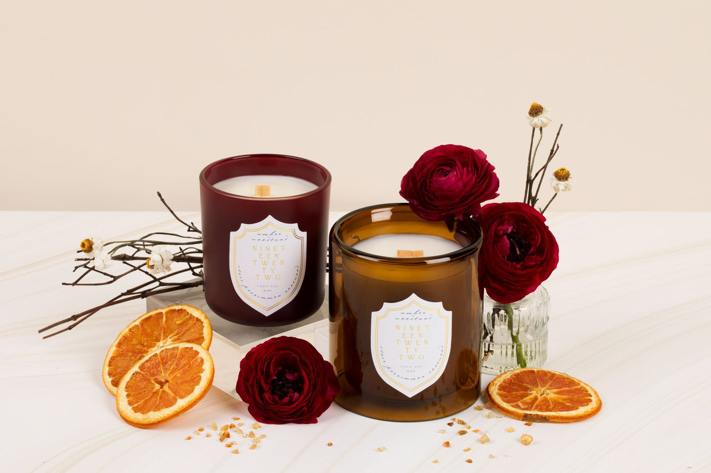 'Amber Woodland' - Woody, Amber, Spice - Wood Wick Candle in Amber Glass Jar
