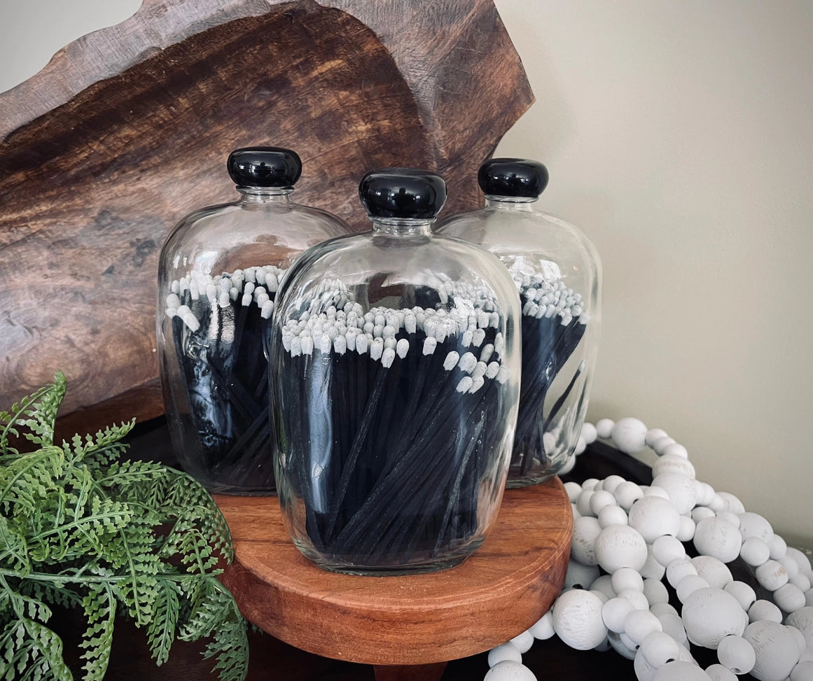 4 inch Black Matches in Glass Decanter Bottle