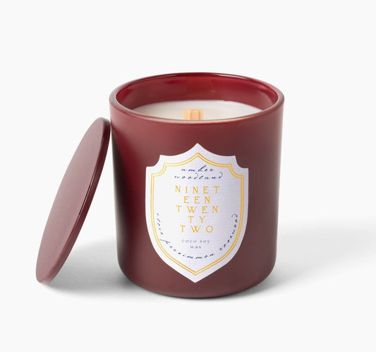 'Amber Woodland' - Woody, Amber, Spice - Wood Wick Candle in Burgundy Glass Jar